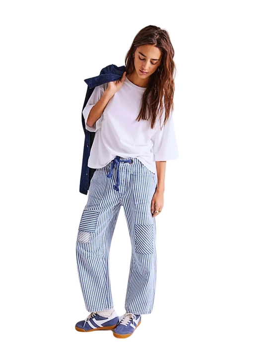 We The Free Denim - Free People Moxie Railroad Low-Slung Jeans Blue Stripe Patchwork Utility Size 30